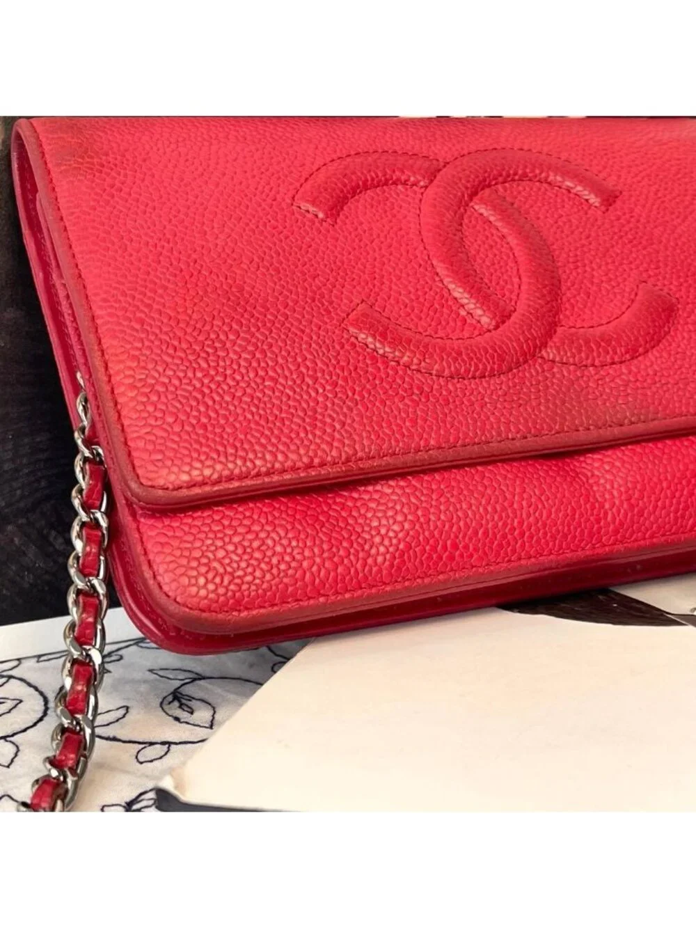 Chanel Chain Wallet Jumbo CC Logo Caviar Leather Red Shoulder Bag